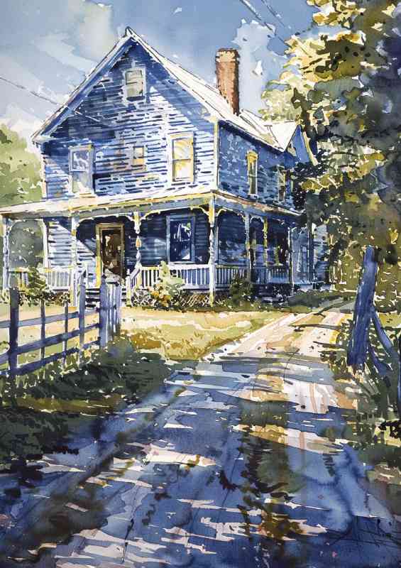 Farmhouse with a white porch and the lane