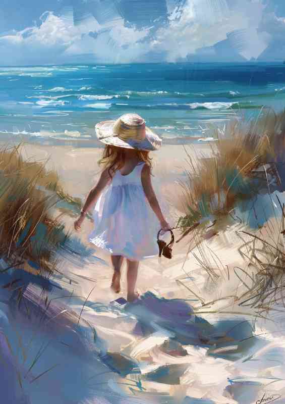 Girl in a white dress and sun hat walking alone
