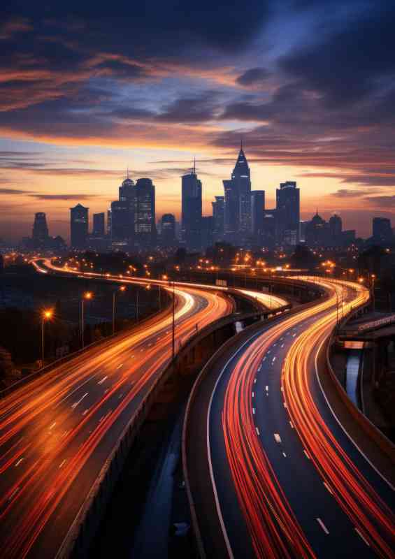 Highway with lights in the dusk sky