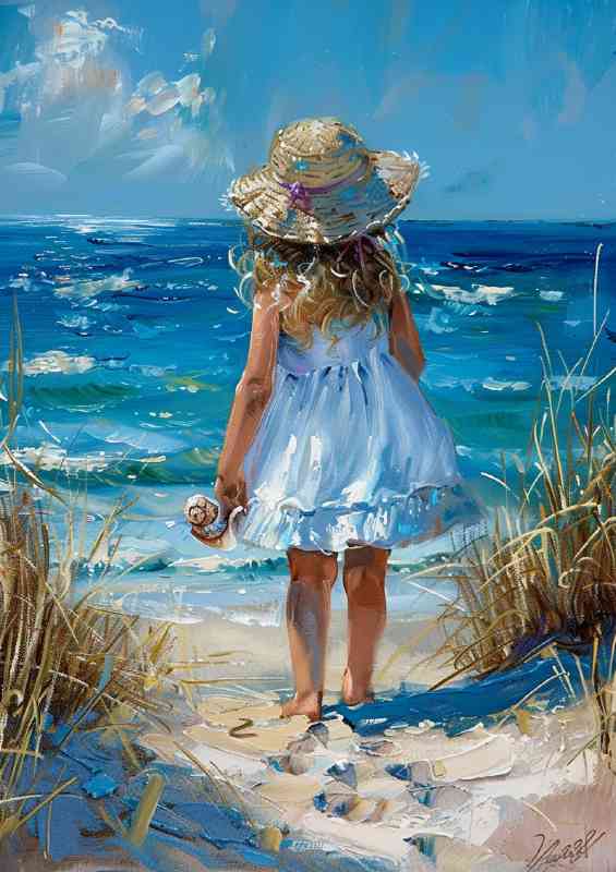 Little girl in a white dress and sun hat walking to the beech