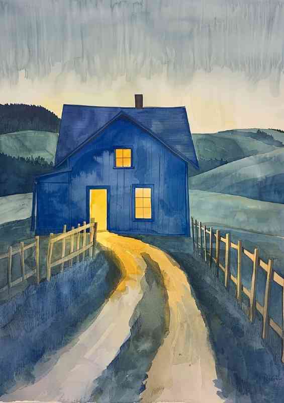 The blue farmhouse with yellow light