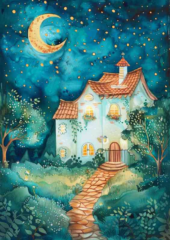 The house at night with moon and stars