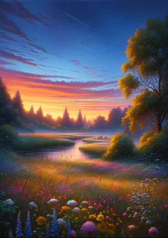The meadow is filled with wildflowers