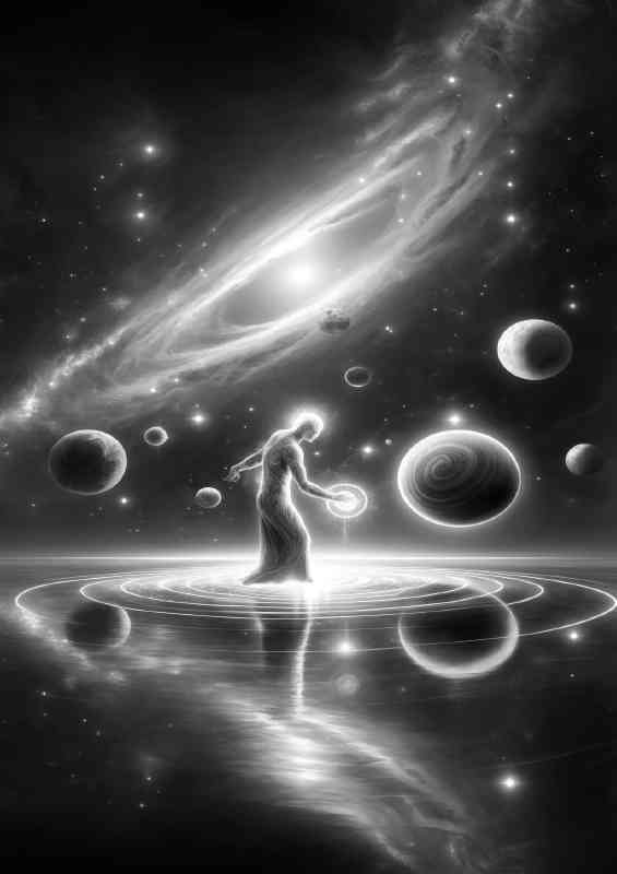 Celestial being aligning planets with a gentle touch
