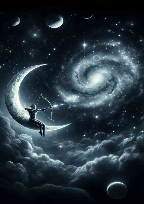 Celestial being on a crescent moon drawing a bow