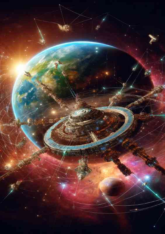 Futuristic human civilization in space featuring a colossal space station