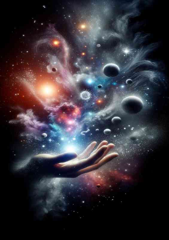 Hand dispersing a cloud of cosmic dust into celestial bodies