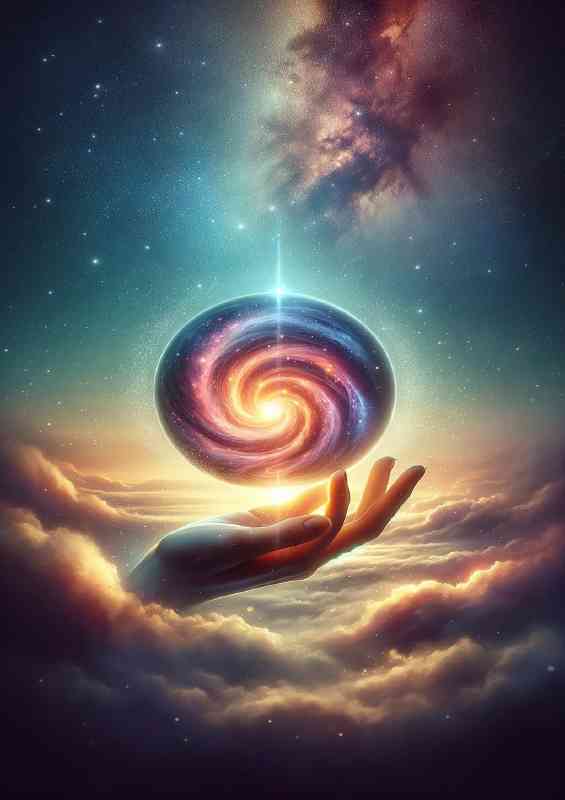 Hand holding a cosmic orb which a vibrant solar system