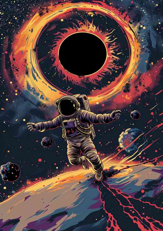 Astronaut taking off in space above a giant black hole