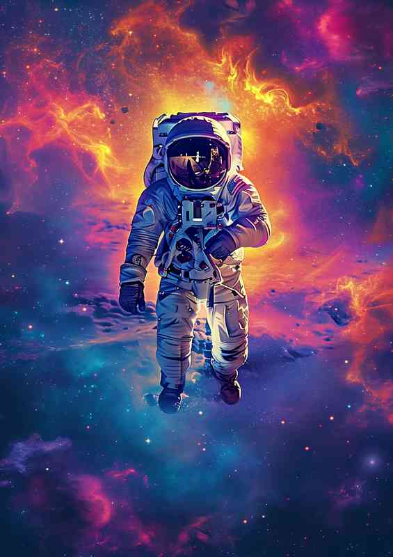 Astronaut walking on space clouds | Metal Poster