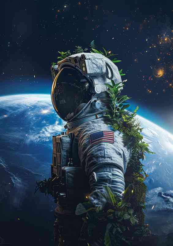 Astronaut with his back to the earth with plants