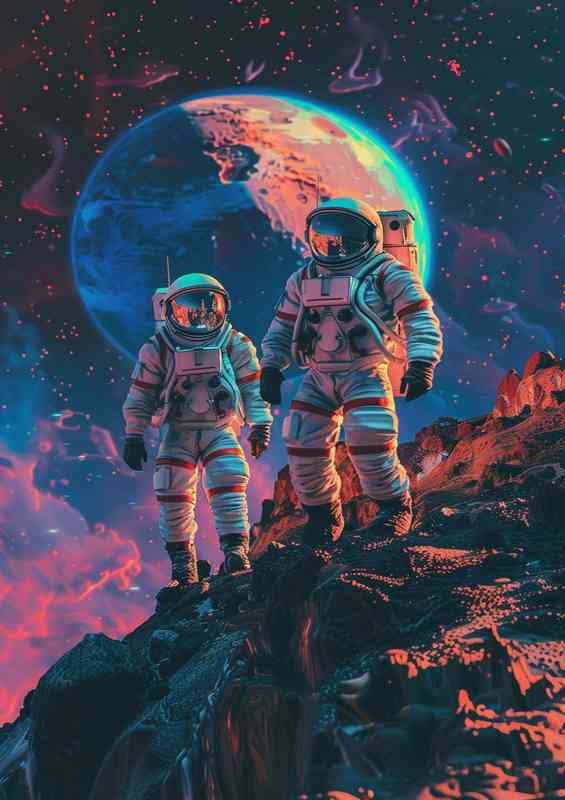 Astronauts in space walking over giant planets