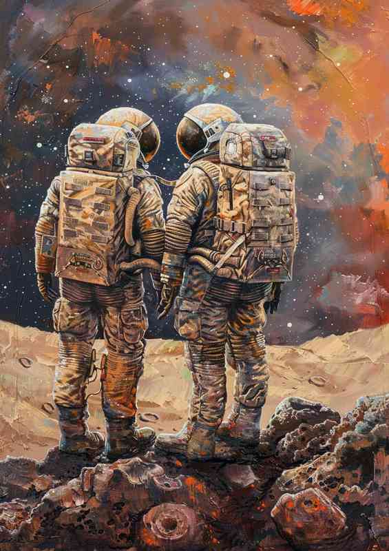 Astronauts standing on a deserted planet