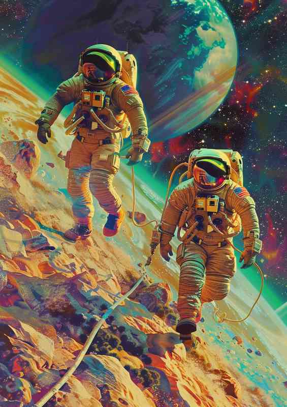 Astronauts walking over space matter