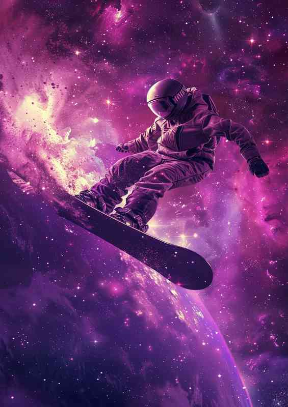 Man on a snowboard flying through space