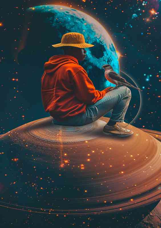 Man sitting on a saturn with a bird