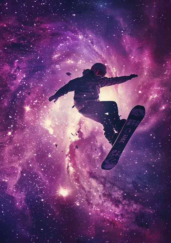 Person on a snowboard flying in space