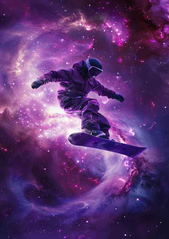 Snowboard flying in space purples