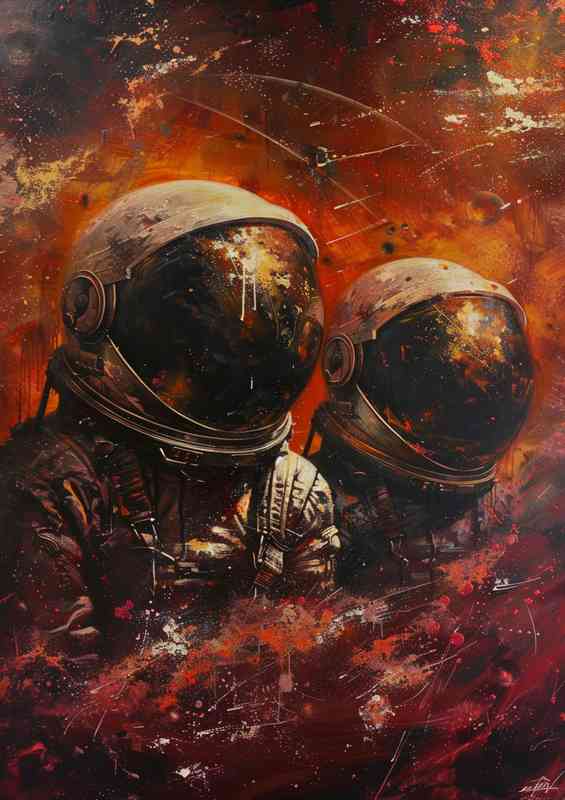 Space men in space wearing helmets