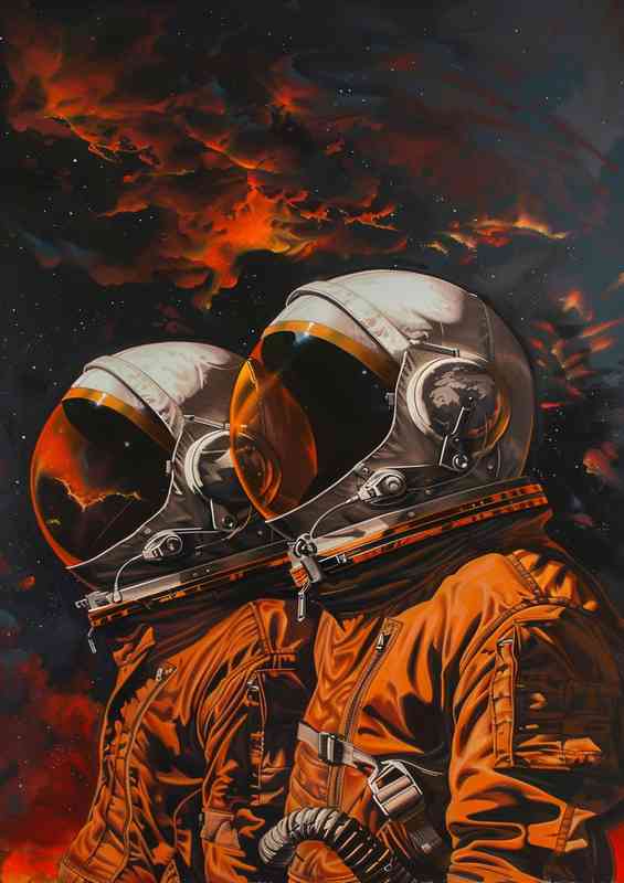 Space men wearing helmets and orange suits