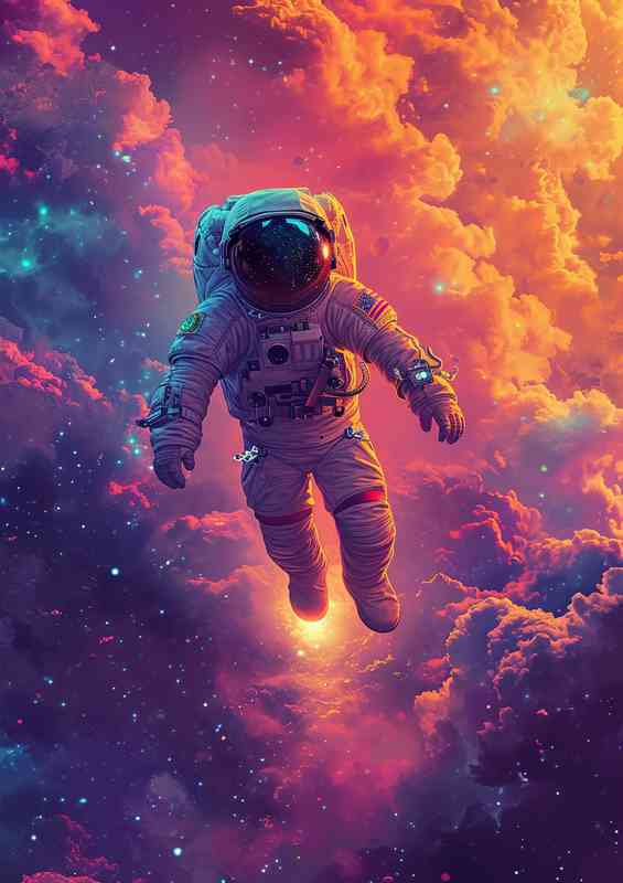 Spaceman astronaut walking in the clouds