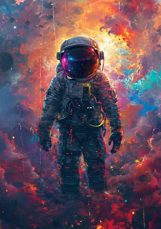Spaceman walking in colourful clouds