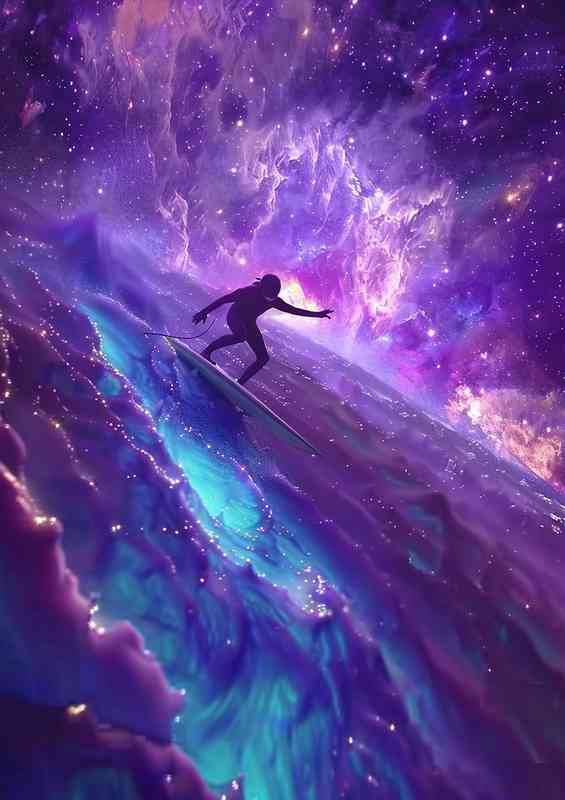 Surfboarder surfing in space clouds