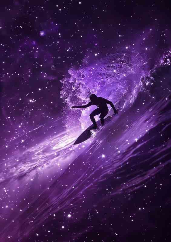 Surfer in space on a surfboard