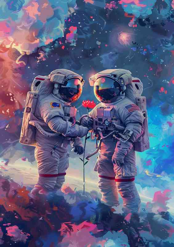 Two Astronauts are in space holding a flower