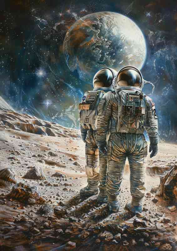 Two Astronauts standing on a deserted planet