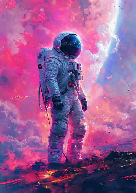 Walking on a planet in his space suit