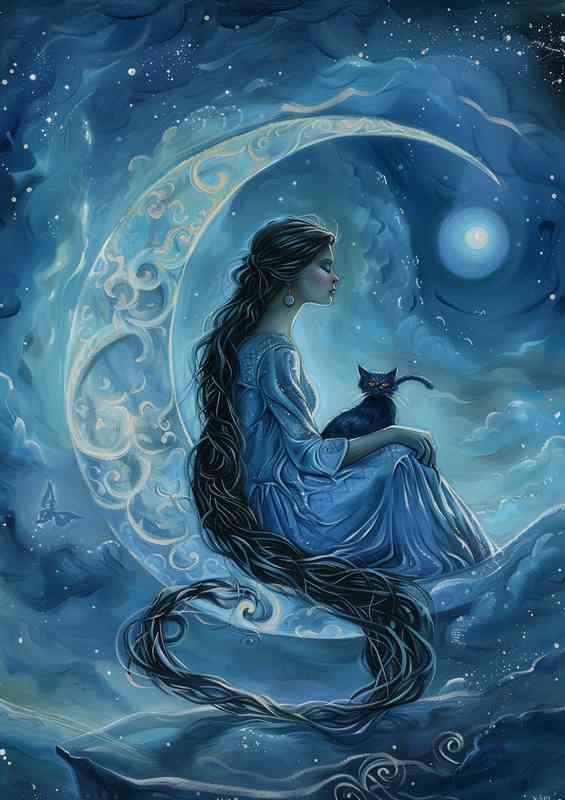 Angel sitting on the moon with her cat
