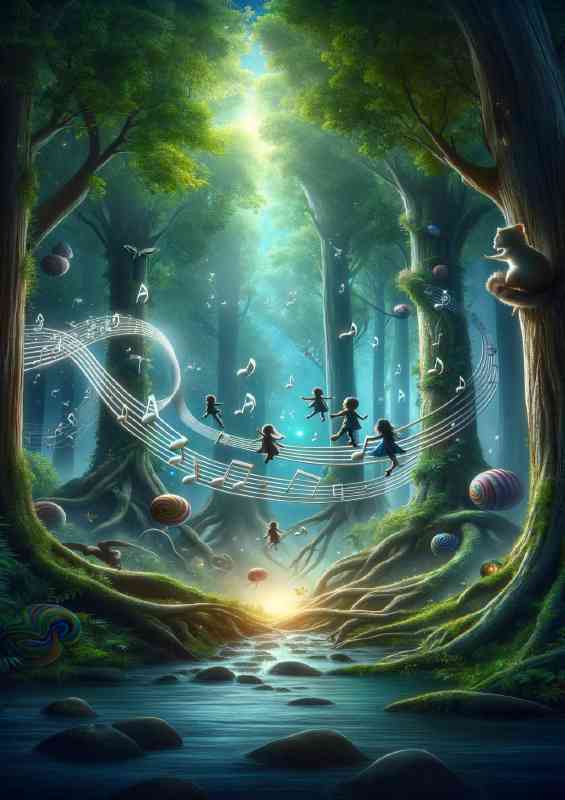 Children floating on musical notes through a mystical forest