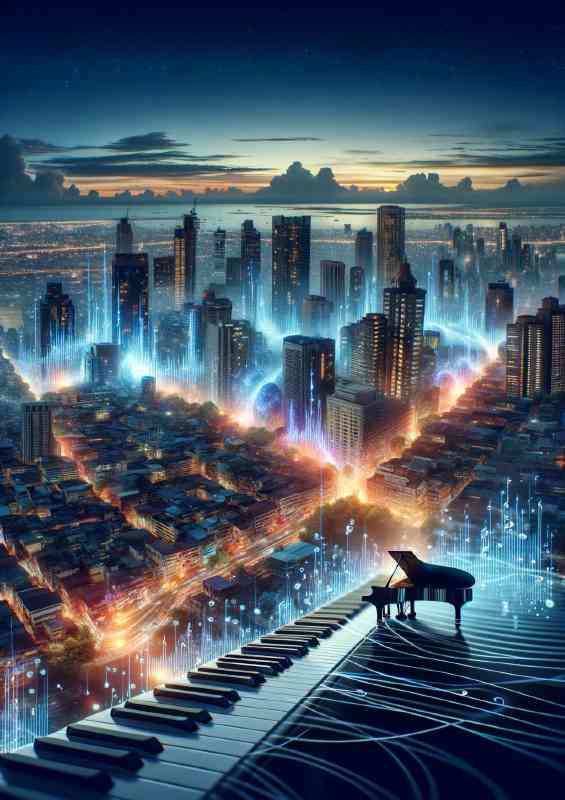 Cityscape at dusk where buildings and streets pulse with the rhythm