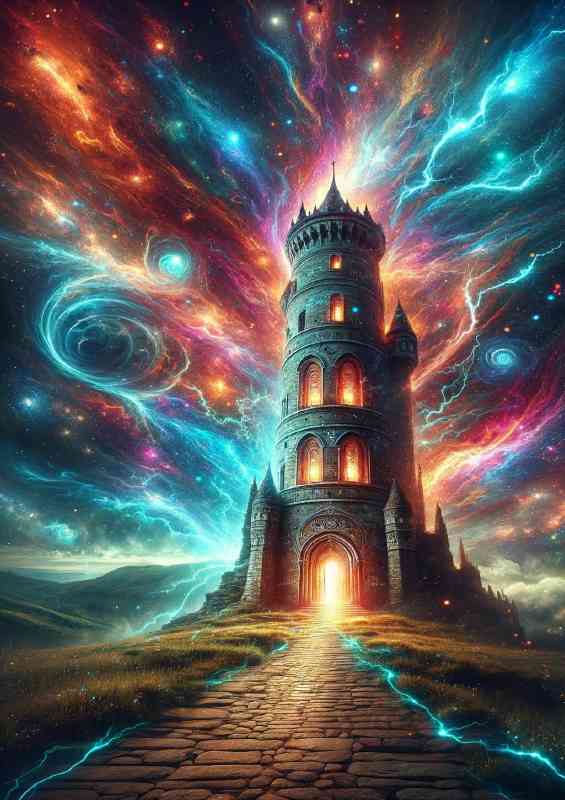 Enchanted tower standing tall amidst a vibrant cosmic storm
