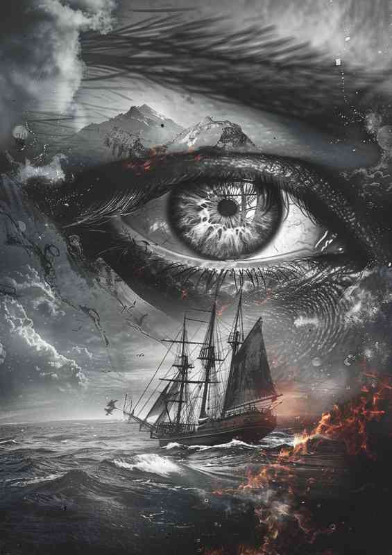 Eye with a ship in the ocean