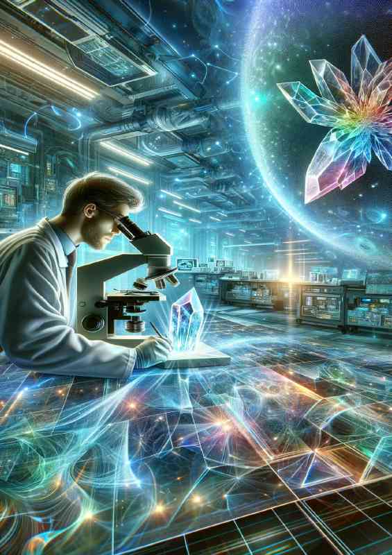 Scientist in a high tech lab examining a unique luminous crystal
