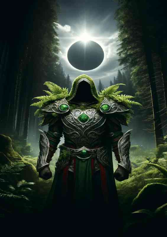 Warrior in earth themed armor emerging from a dense forest