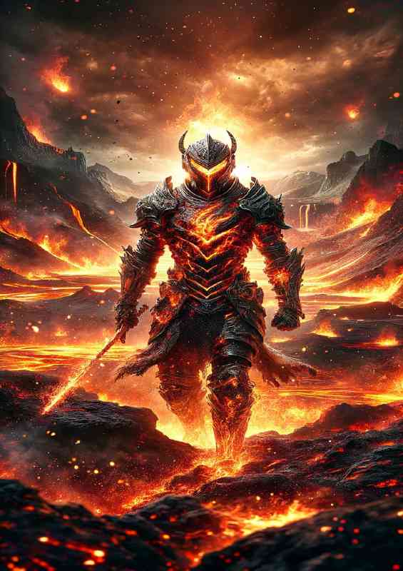 Warrior in fire themed armor in a volcanic crater