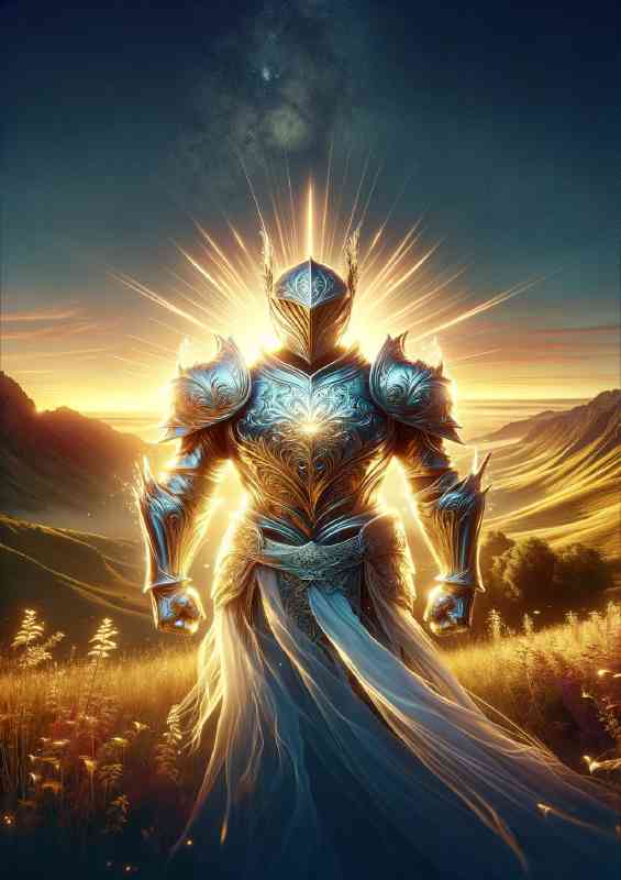 Warrior in light themed armor radiating a brilliant aura