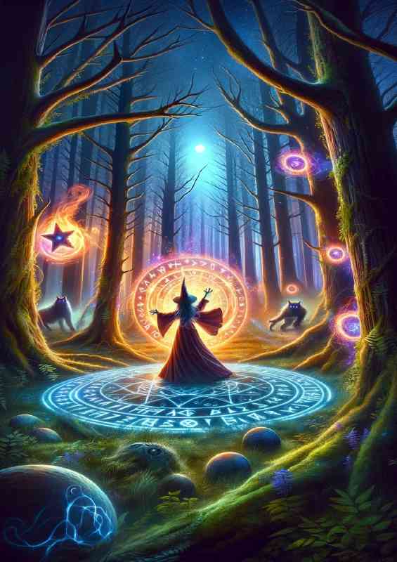 Wise Witch casting a powerful spell in an enchanted forest