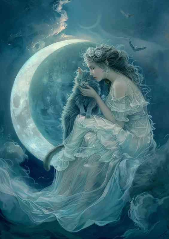 Woman is sitting on the moon with a cat on her lap