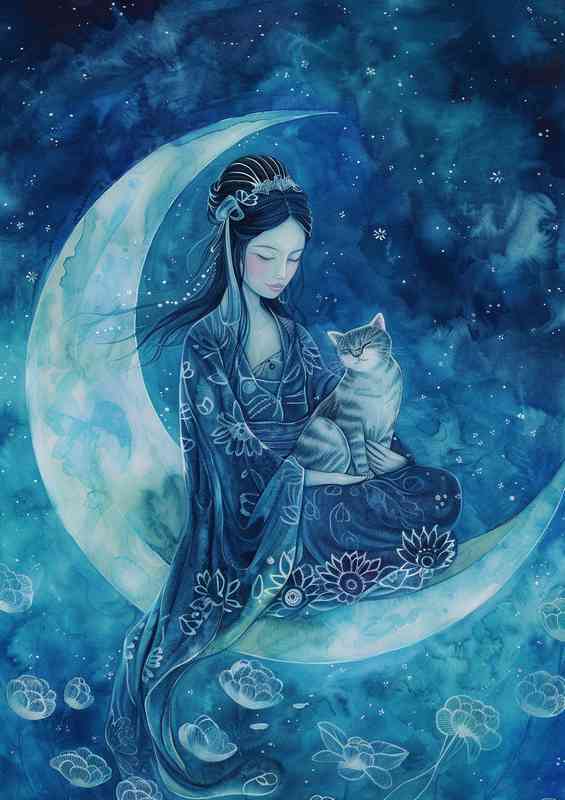 Woman sits on the blue moon with a Cat