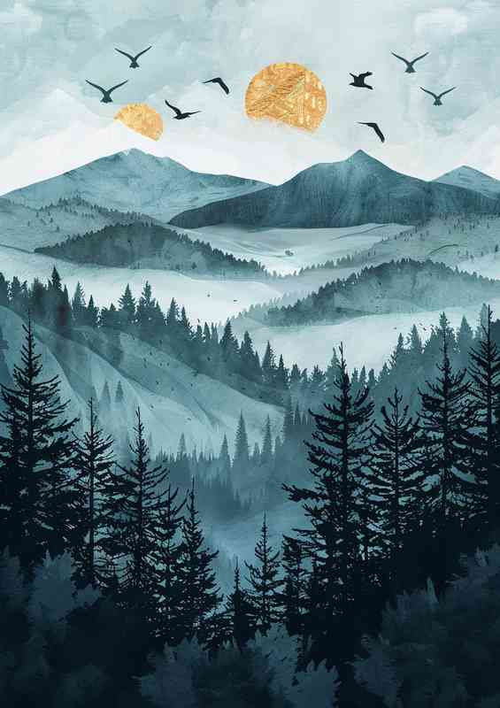 A forest of pine trees with gold accents
