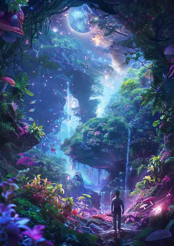Enchanted forest with a man walking