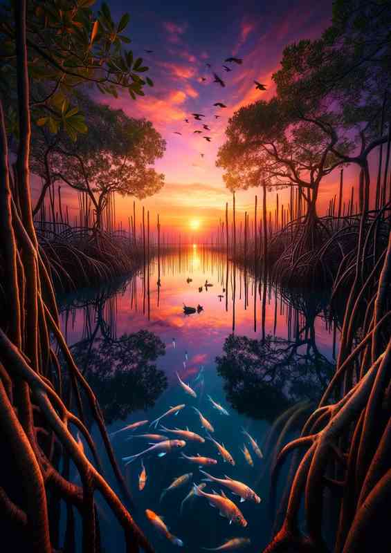 Serene beauty of a coastal mangrove forest at sunset