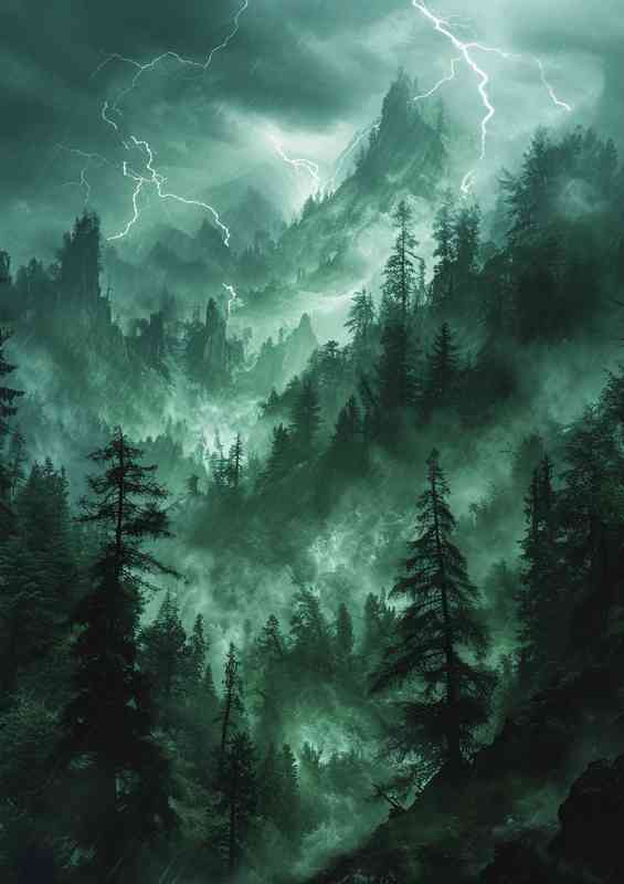 The green mountain forest with lightning