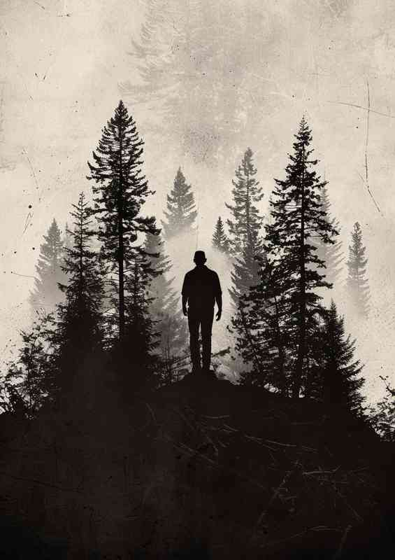 The silhouette of a man walking through forest
