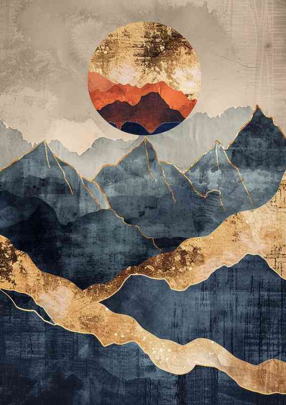 Abstract mountains and coloured sun