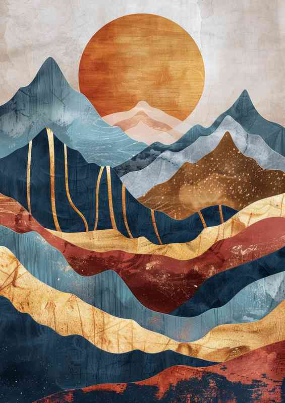 Abstract mountains and sun in earth tones with gold